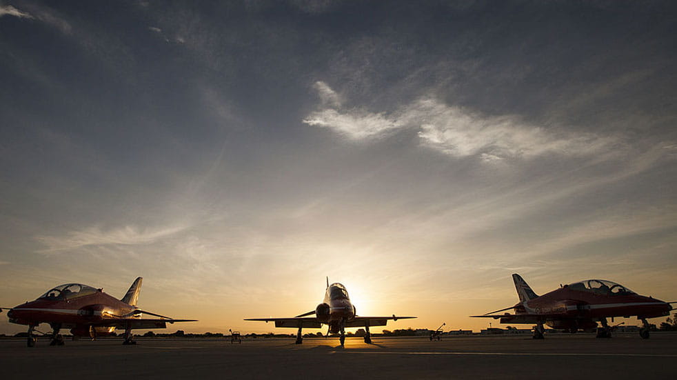 The Red Arrows history planes at sunset